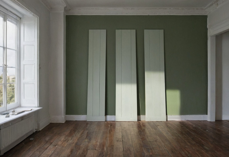 Two identical painted sample boards viewed under daylight and warm LED light