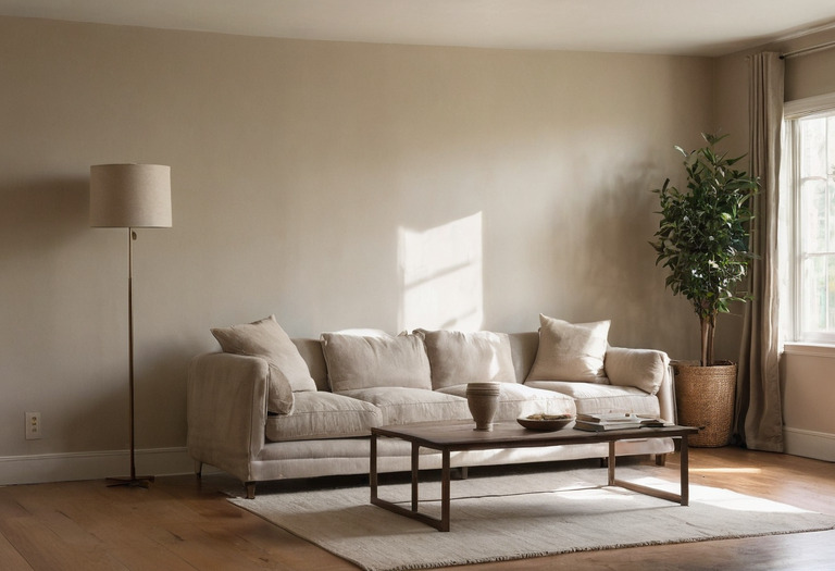 Living room wall divided into related paint colors under daylight and warm lamplight