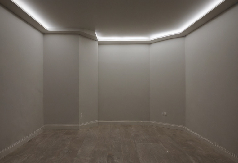 Compact room with one low-contrast corner and one strongly contrasted wall junction