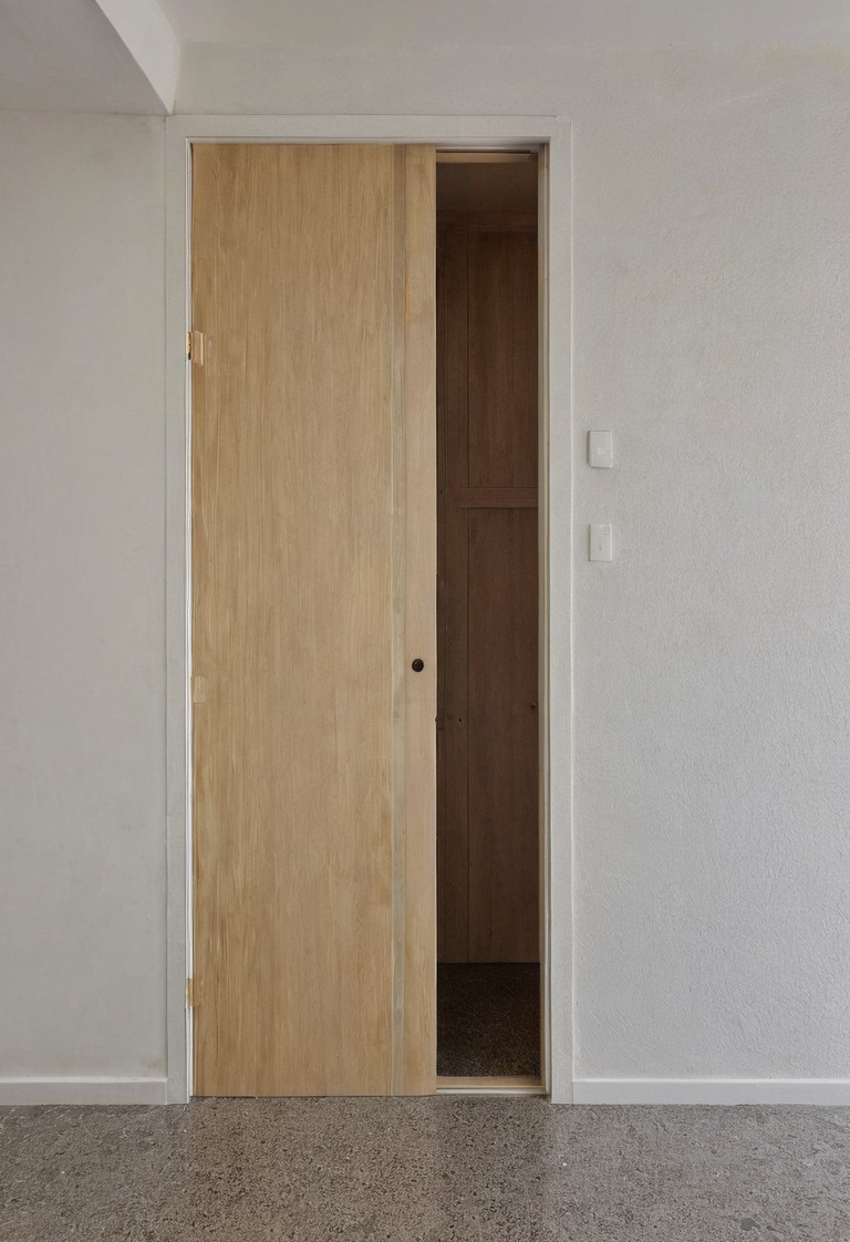 Small hallway showing a hinged door arc beside a surface-mounted sliding door