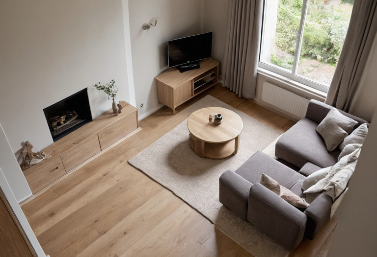 Shallow living room furniture arranged around a measured walkway