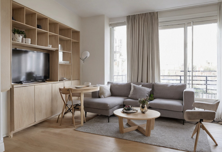 Compact apartment living area with clear circulation around a shallow sofa and full-height storage