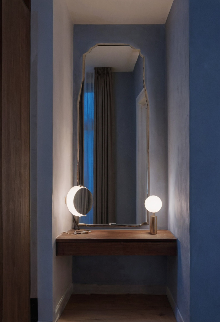 Tall wall mirror reflecting a lit apartment boundary without direct window glare