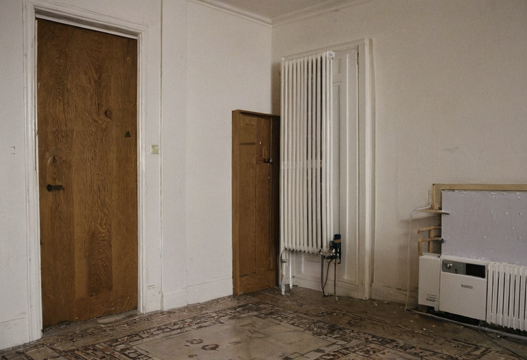 Laser measure, steel tape, and marked floor plan in a compact apartment room