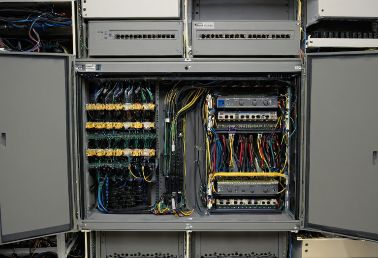 Ventilated residential network rack and control panel with labeled patch cables and spare capacity