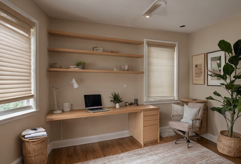 Discrete surface cable raceway aligned with cabinetry in a finished home office retrofit