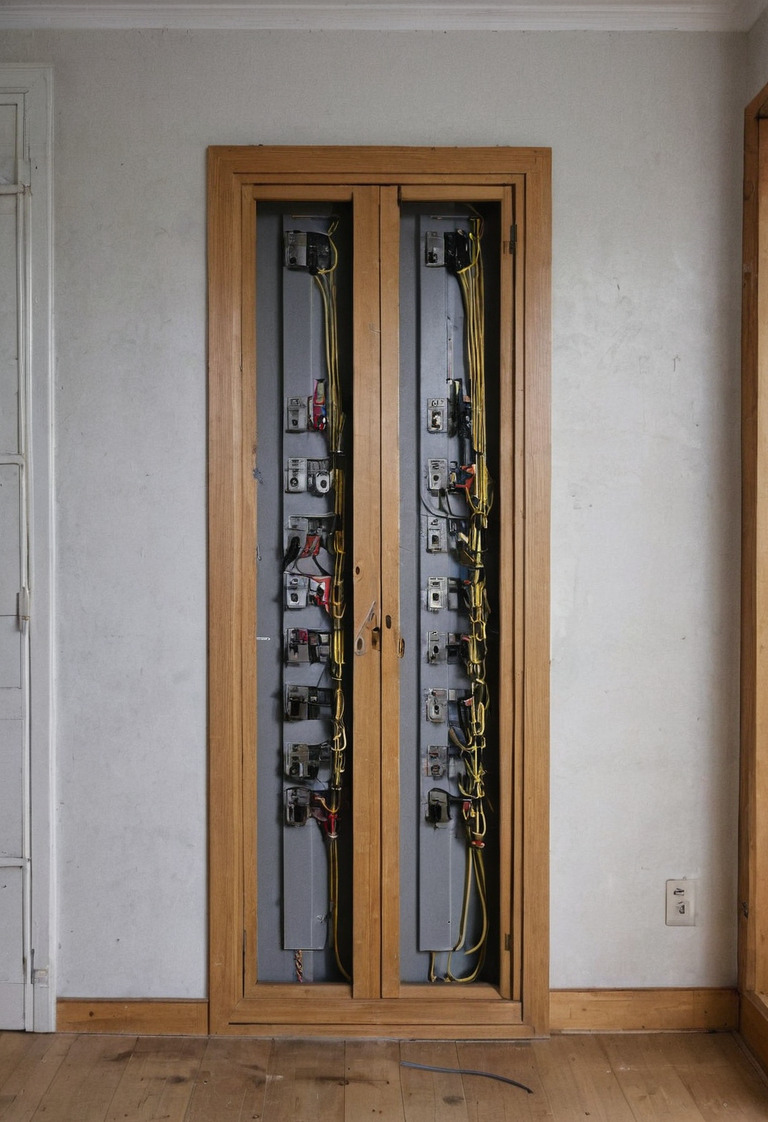 Labeled power and data cables arranged inside an unfinished partition beside deep switch boxes