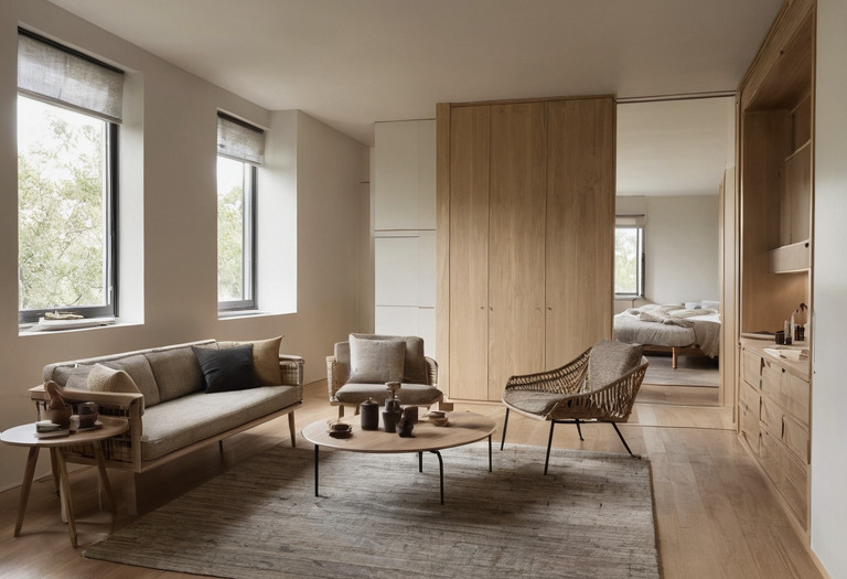 Two alternative residential space plans beside material samples and annotated notes