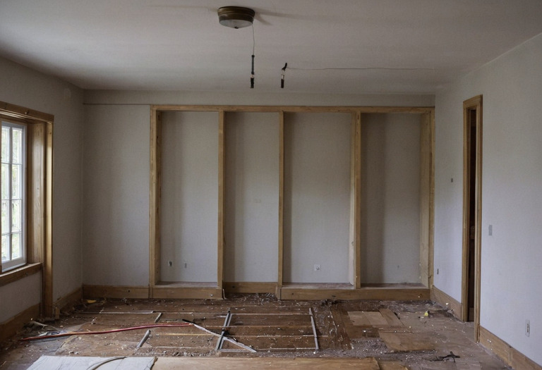 Small level resting on unfinished built-in cabinetry during an alignment check