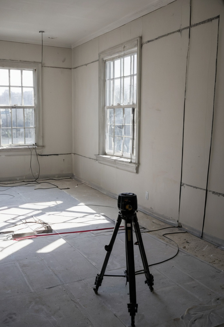 Laser device and open notebook documenting an empty room's windows and outlets