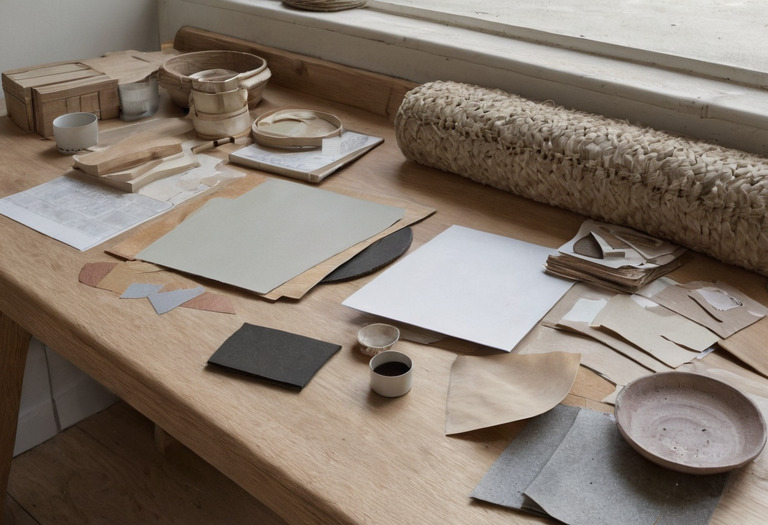 Timber, paint, textile, and recycled composite samples arranged with technical documents