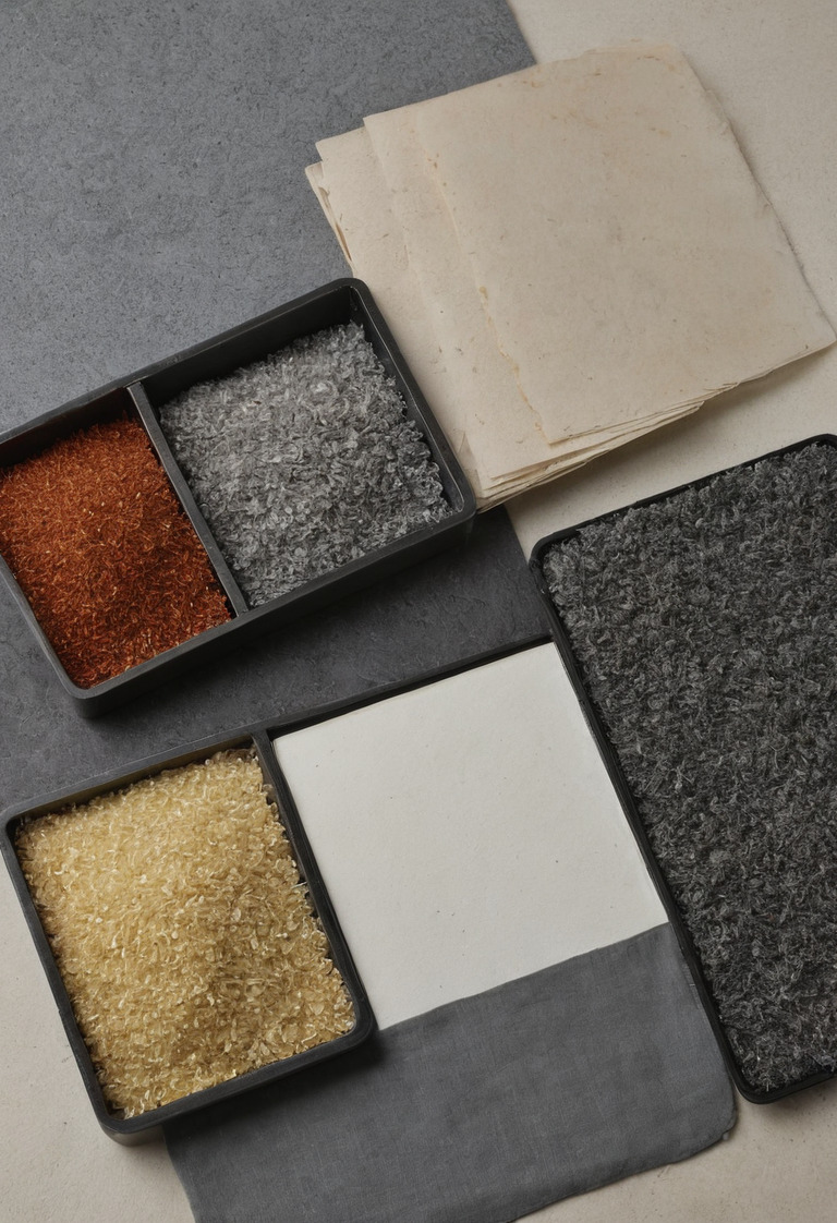 Recycled textile yarn, plastic granules, and finished material samples separated by source