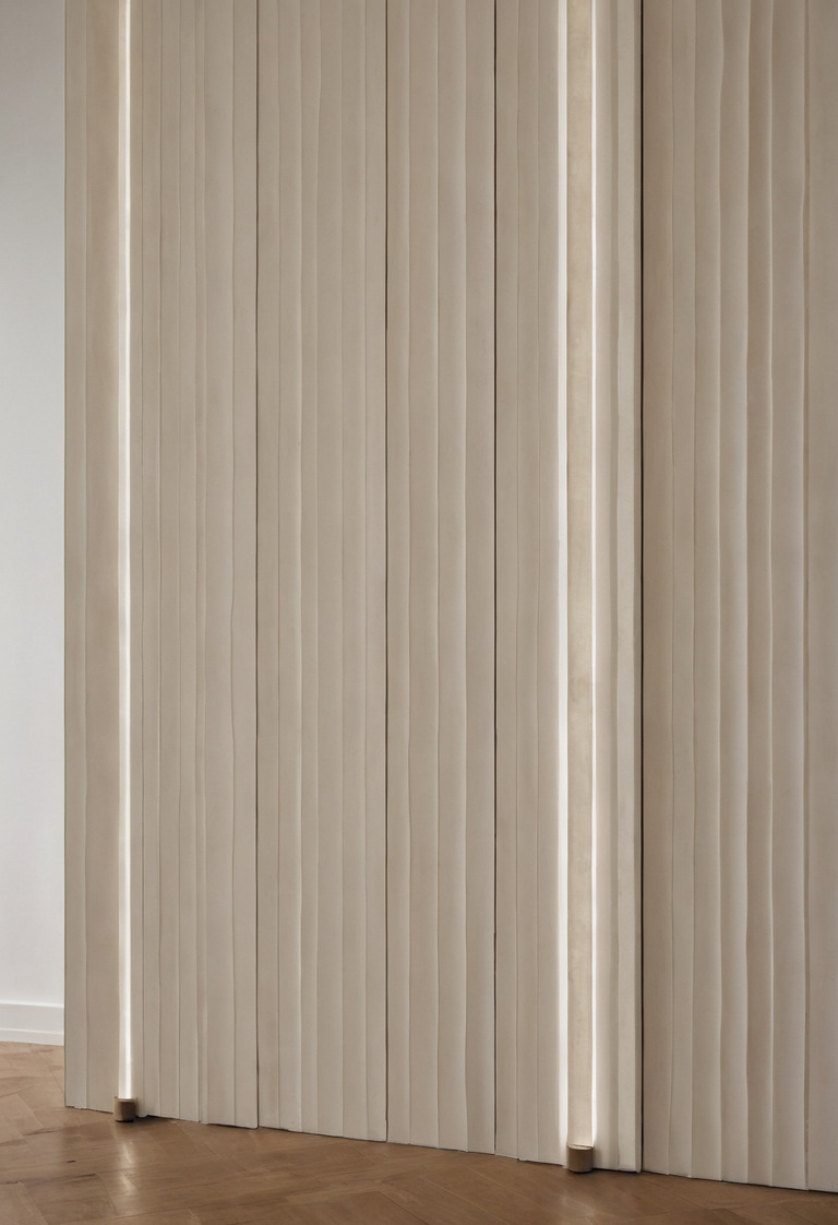 Grazing light crossing plaster, satin lacquer and fluted timber samples