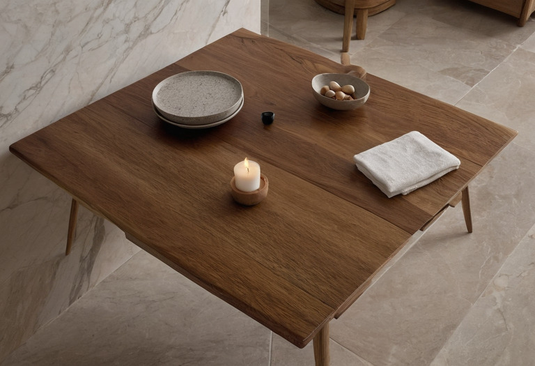 Oak finish samples beside honed and polished marble samples under angled light