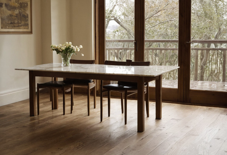 Honed marble table beside an oiled oak floor showing natural surface variation