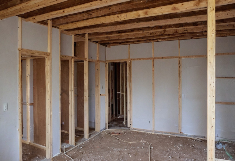 Partially built interior wall showing electrical boxes, plumbing, framing, and cabinet setting-out marks