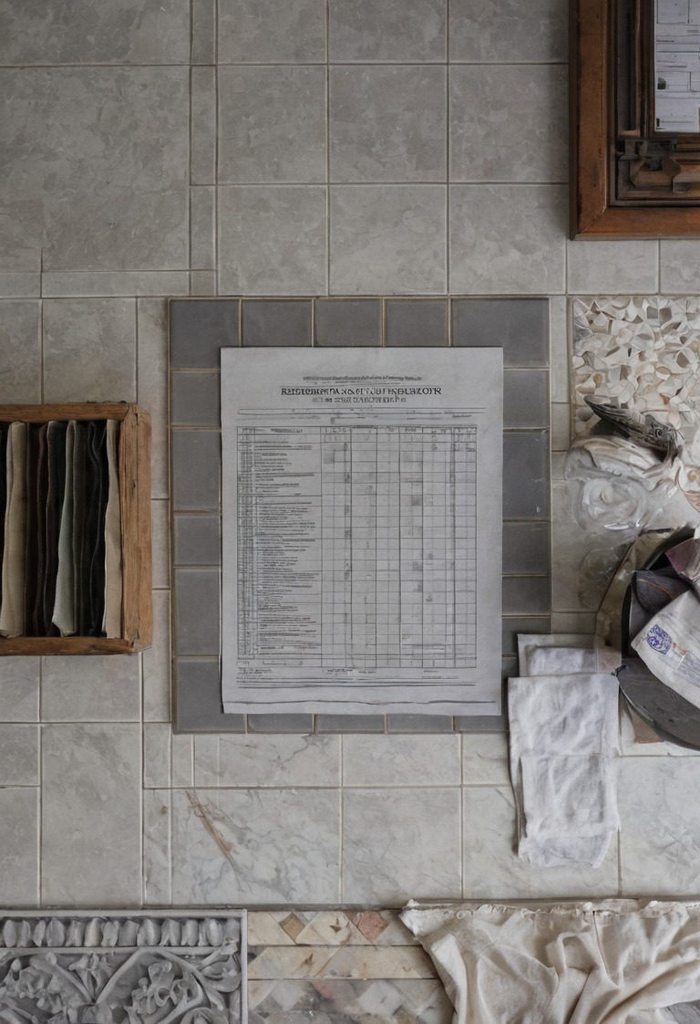 Printed renovation decision register beside labeled finish samples and a pencil