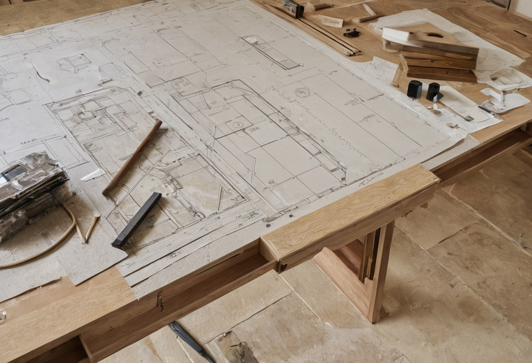 Renovation desk with measured plans, finish samples, and an open decision schedule