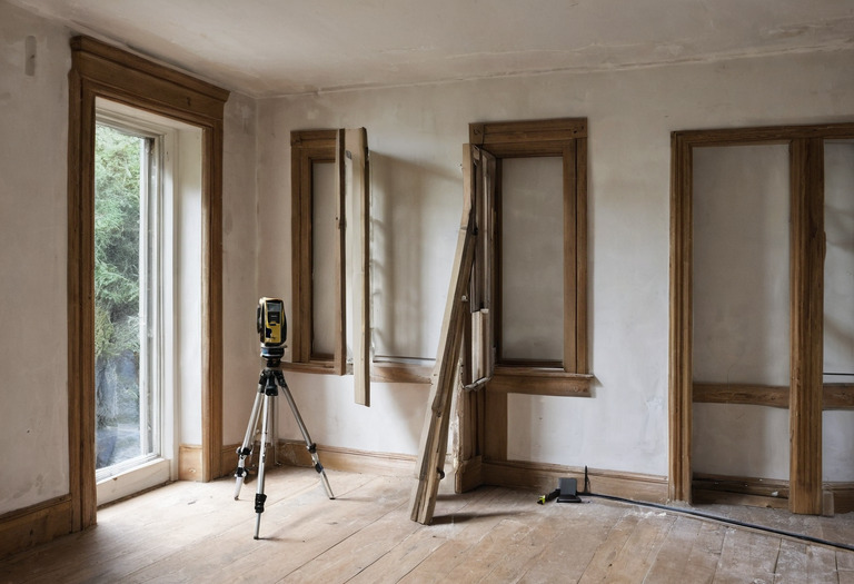 Window recess measured by laser beside an annotated room plan on a folding table