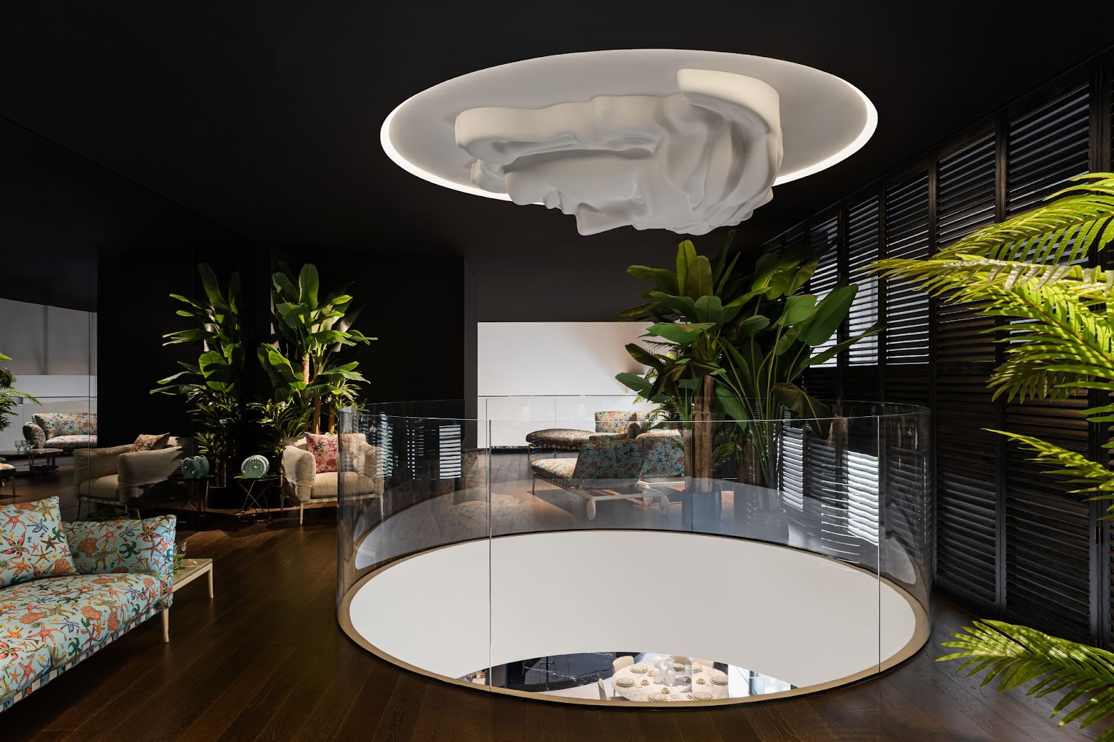 A high-end showroom featuring iconic pieces of Italian furniture design.