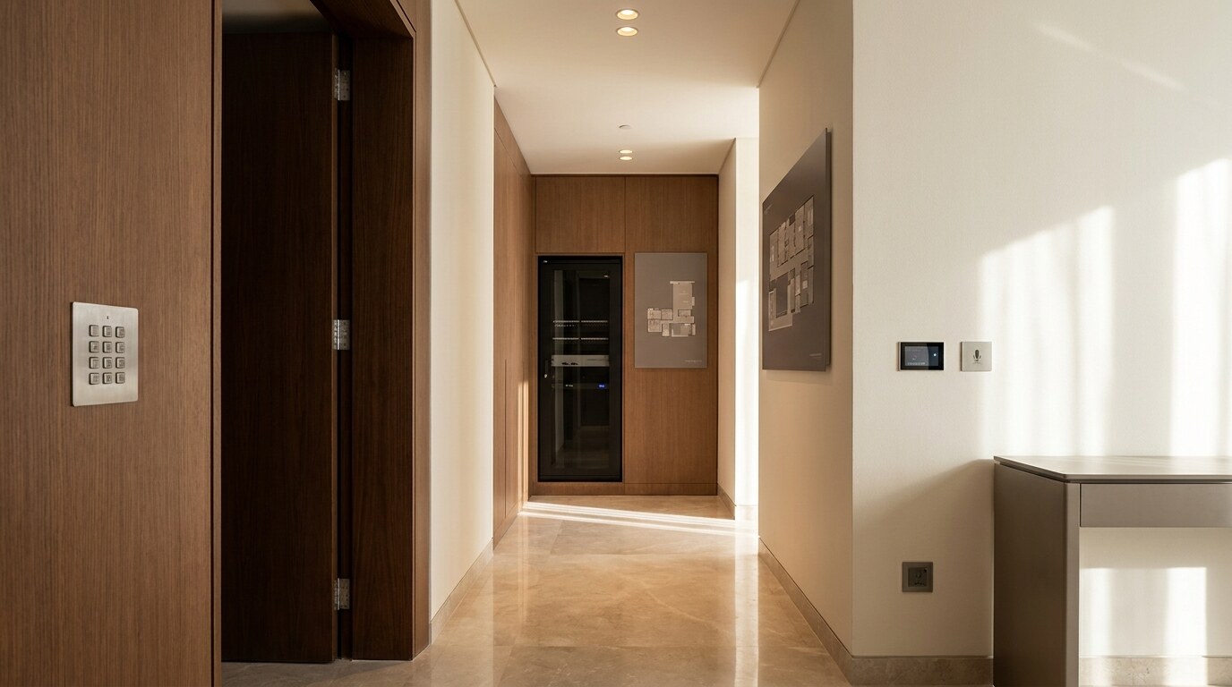 Private Smart Villa Design in Dubai: Scenes, Cybersecurity, and Hidden Equipment visual reference 1 showing private Dubai villa bedroom corridor with discreet keypad, concealed sensors, and no visible cameras