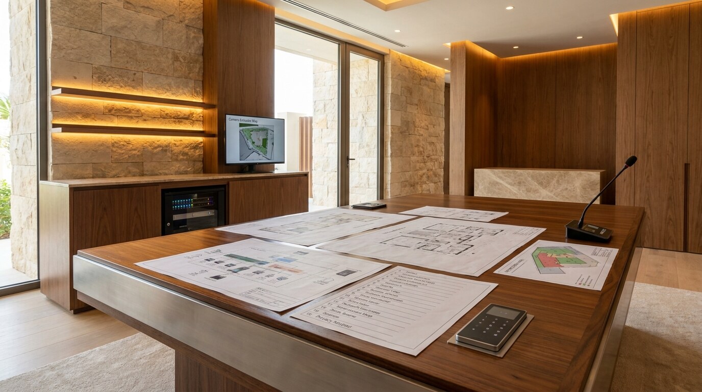 Private Smart Villa Design in Dubai: Scenes, Cybersecurity, and Hidden Equipment visual reference 2 showing cybersecurity planning table with network segmentation diagram, scene list, and privacy zones